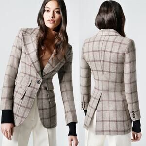 NWT Smythe Grey Plaid Tartan Wool Birkin Blazer Rib Cuff Check Canada Size 6